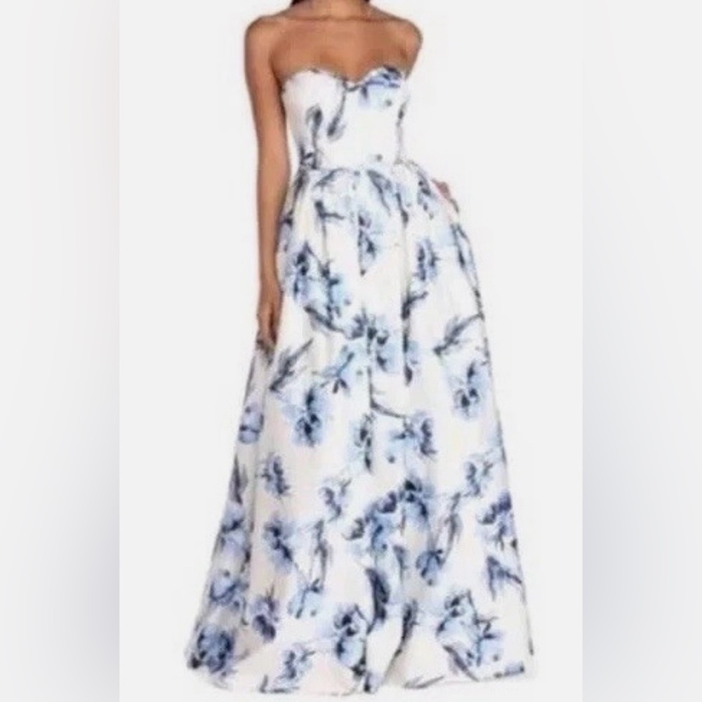 Windsor Blue and White Floral Strapless Maxi Dress